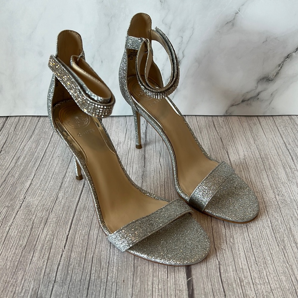 Guess Silver Jewel Ankle Straps Open Toe Heels (8)